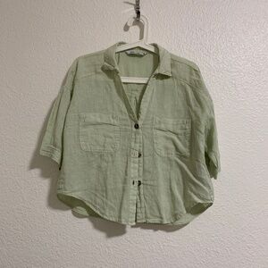 Zara Linen Green Pistaccio Cropped Button Down Shirt Size M